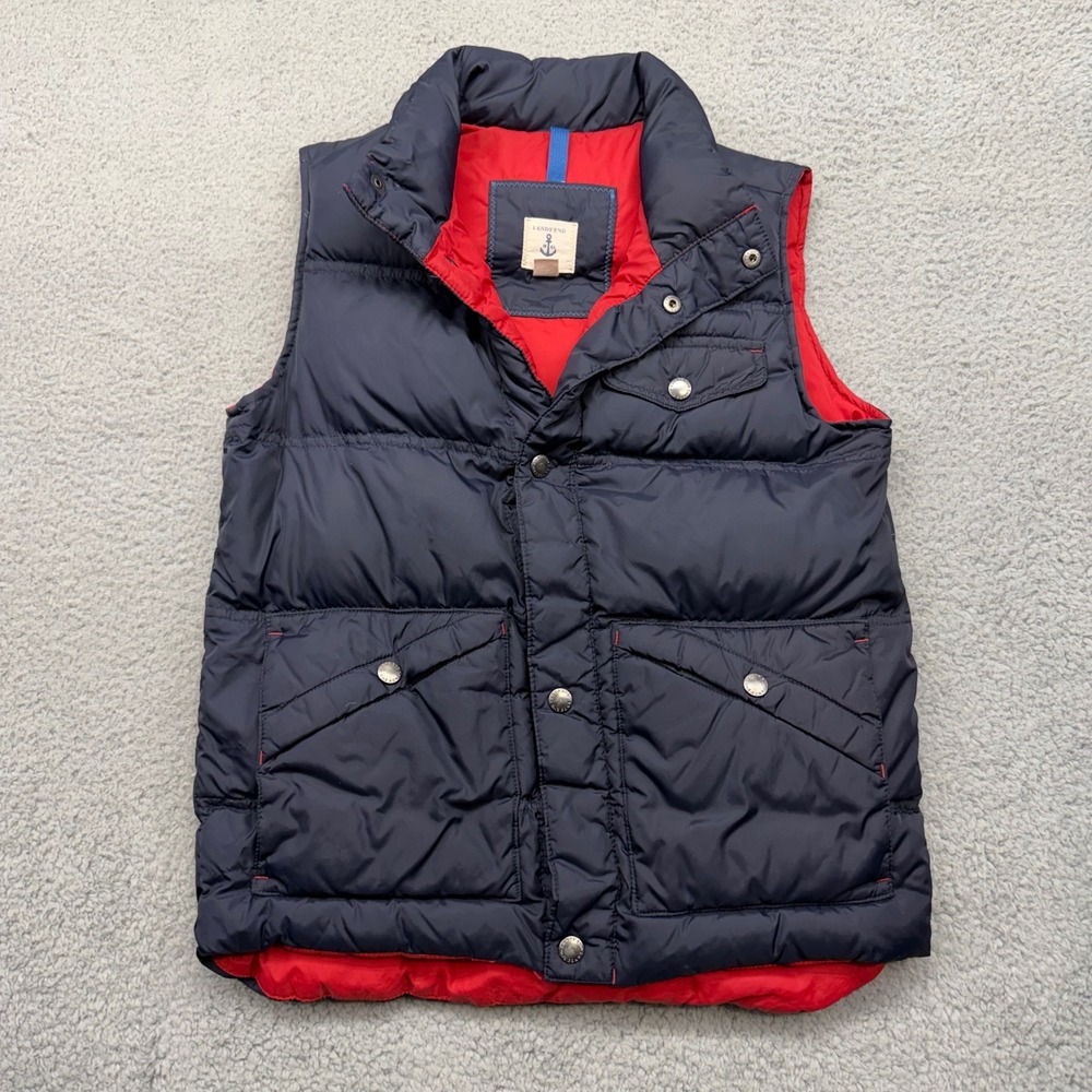 Lands End 392059 Kids Size Medium 10-12 Navy Blue Red Down Insulated Puffer Vest